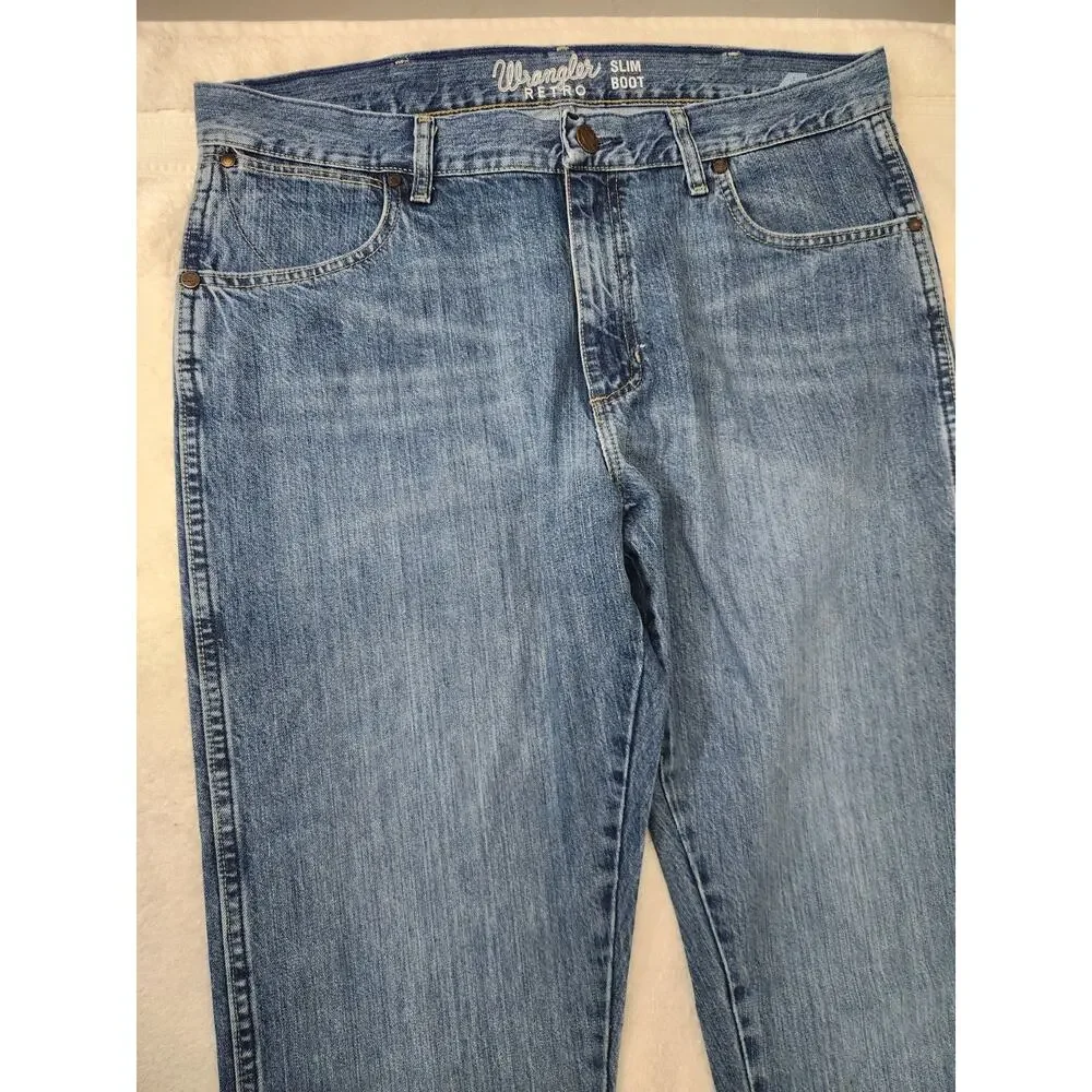 Wrangler Retro Slim Boot Jeans Mens 36x38 Blue Denim Western Cowboy Straight Leg